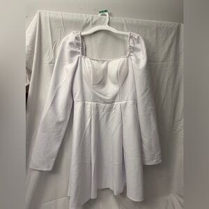 White Long Sleeve Square Neck Dress with Pearl Trim